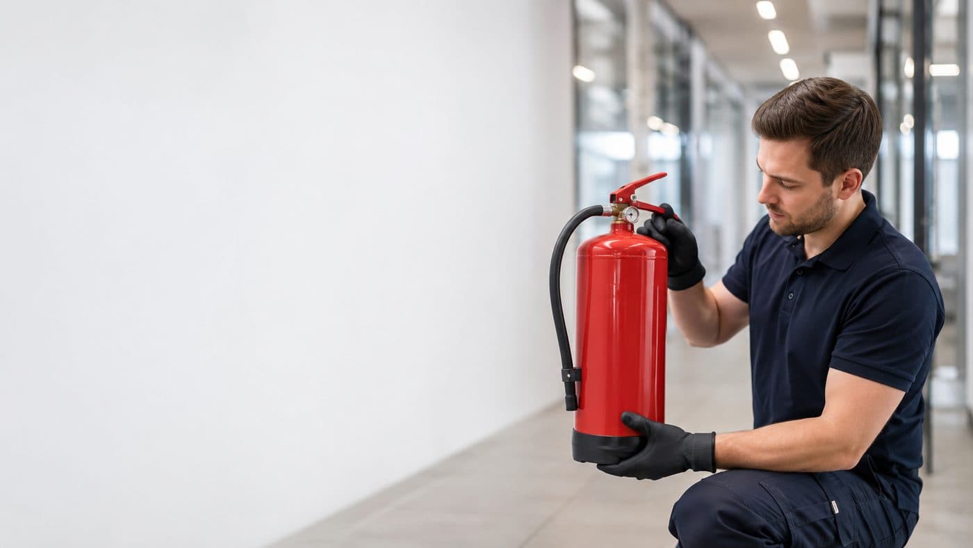 Fachperson prüft einen Feuerlöscher